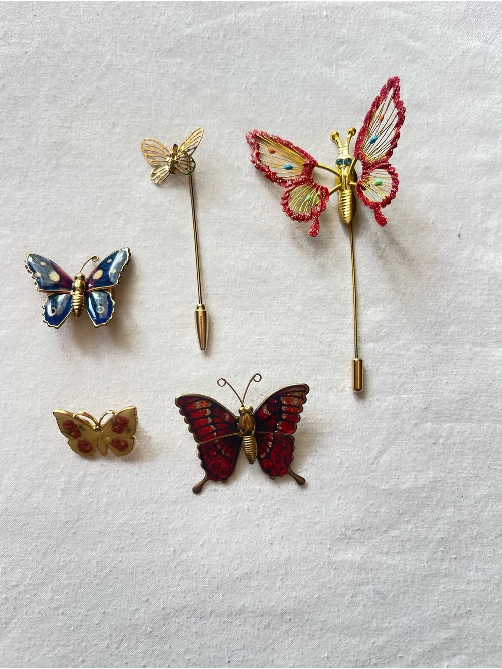 Lot of 5 vintage Assorted Butterfly pins - Multicolor Enamel & Beaded Accents